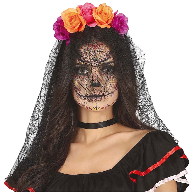 Day of the Dead Flower Headband Veil