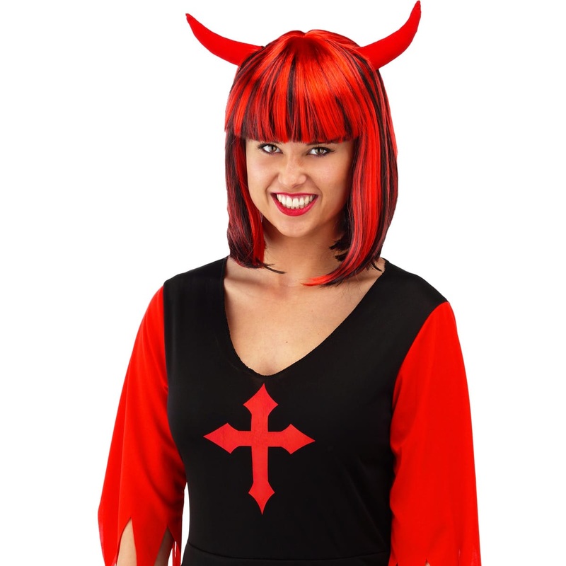 Red-black wig with devil horns