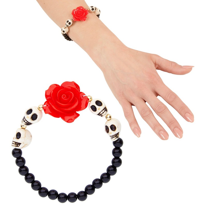 Skull bracelet with red rose