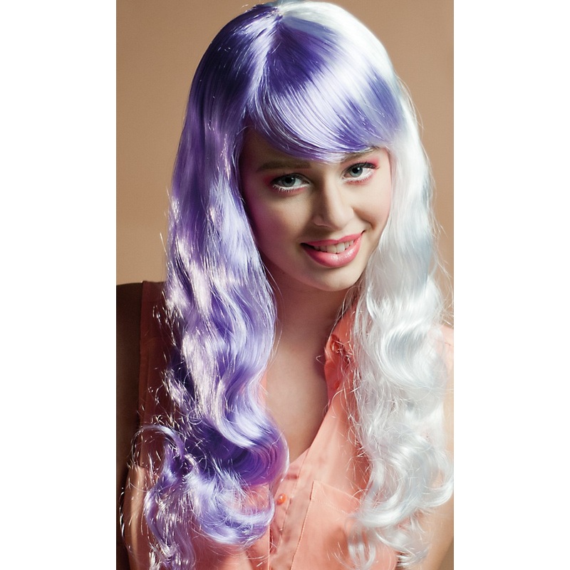 Split long hair wig in violet-white