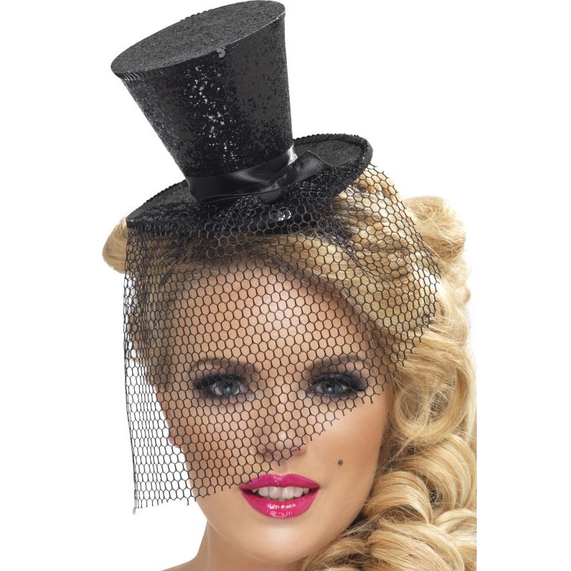 Small diva cylinder headband with black net veil