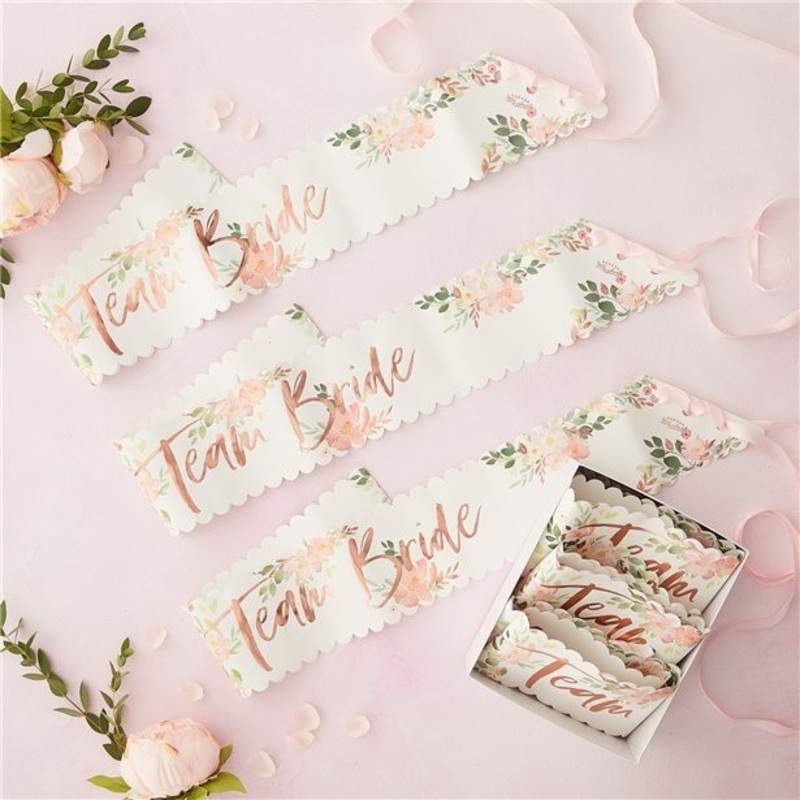 6 Flowery Bridal Shower Team Bride Sashes 75 x 10cm