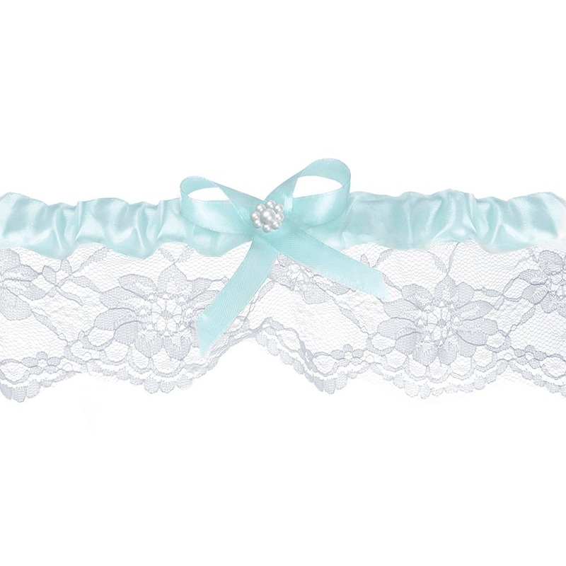 Light blue satin lace garter belt with bow