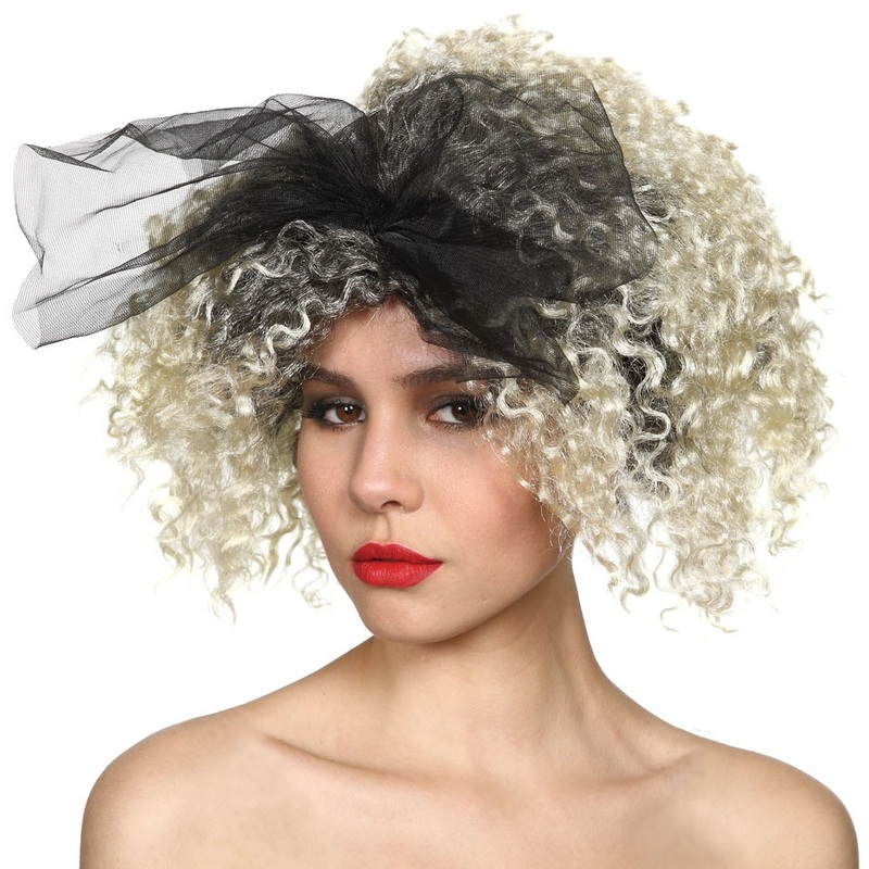 80s ladies wig with black hair bow