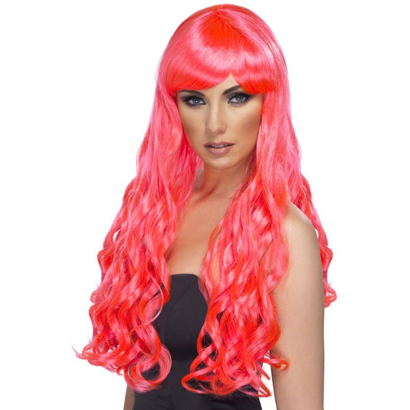 Coral colored glamor curly wig with bangs