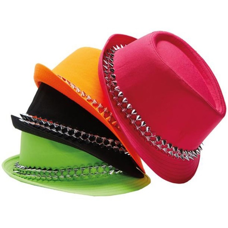 Neon green fedora hat with spikes