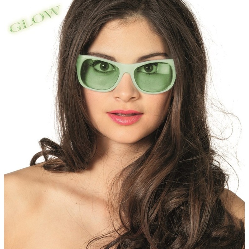 Green nerd glasses glowing in the dark