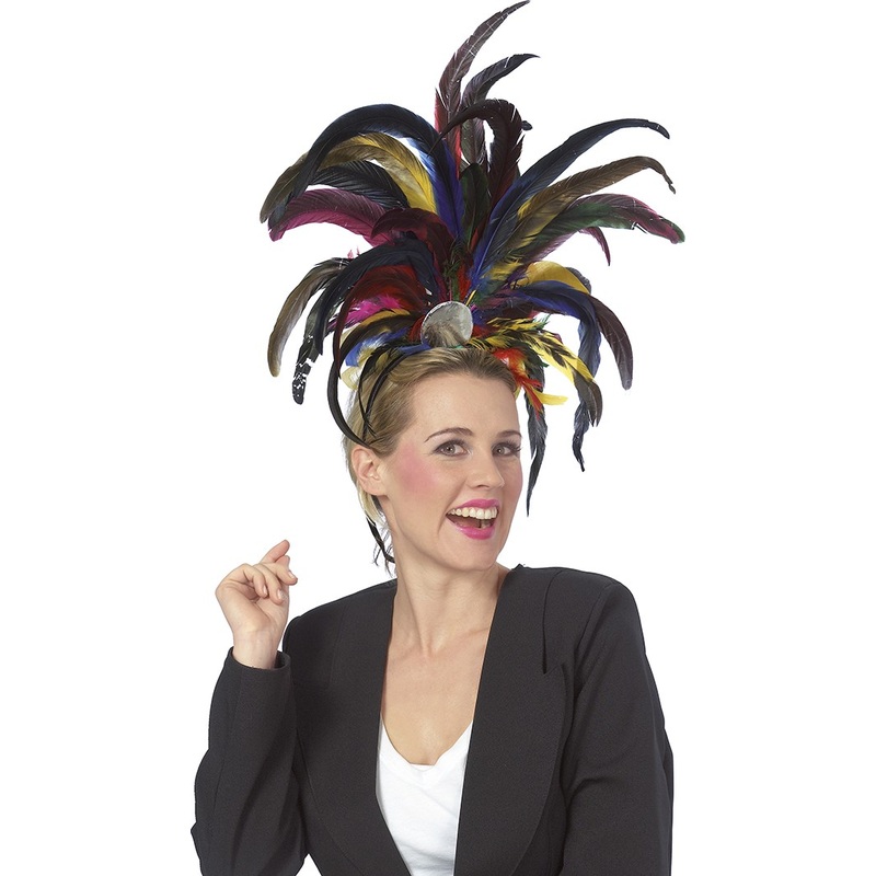 Imposing feather headdress in blue-purple-yellow