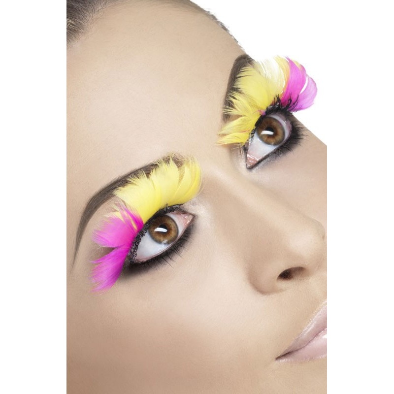 Feather eyelashes pink-yellow