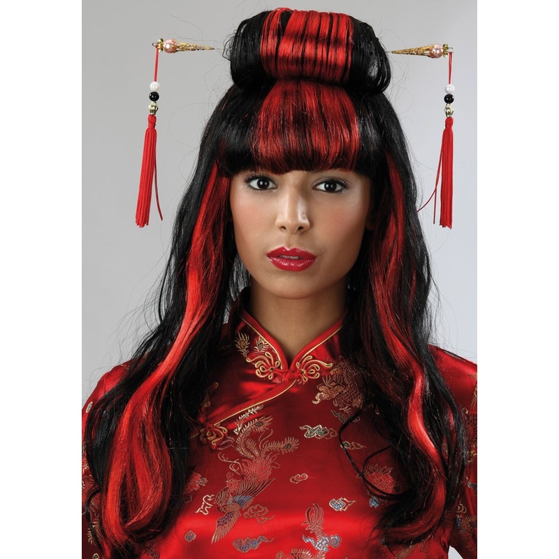 Asia lady wig black-red
