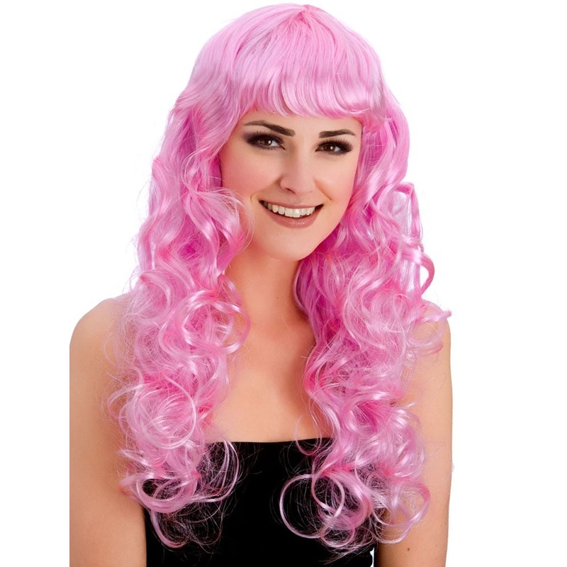 Pink curly wig with bangs