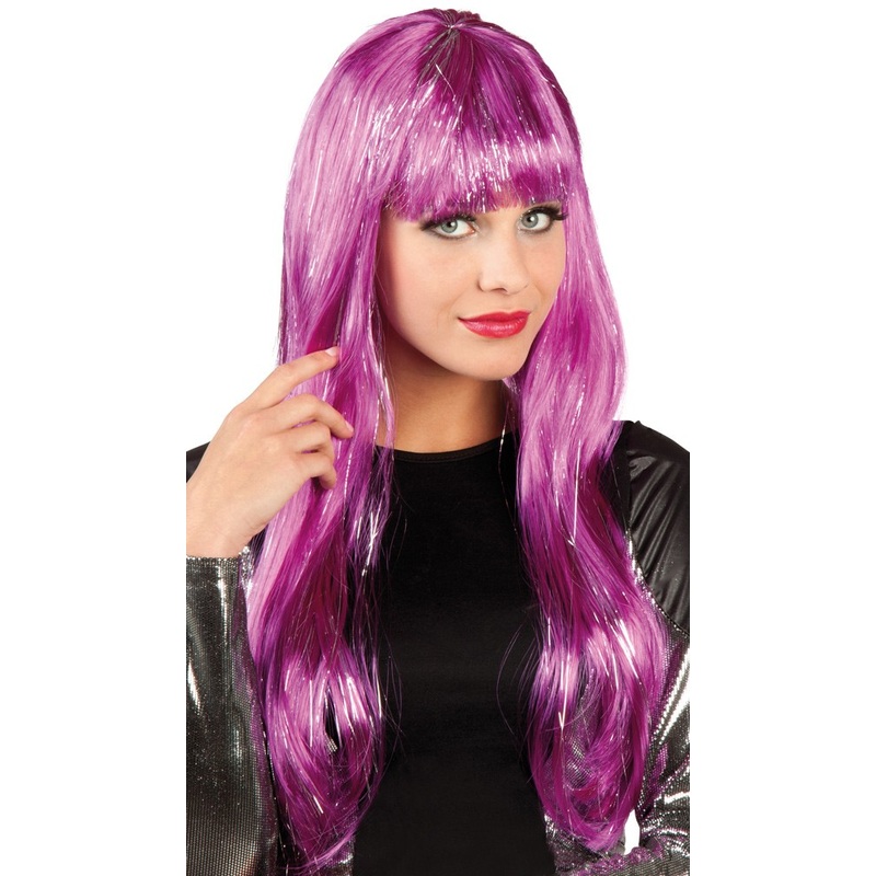 Purple glitter tinsel long hair wig