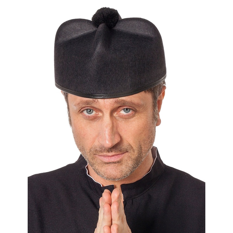 Black priest cap with pompom