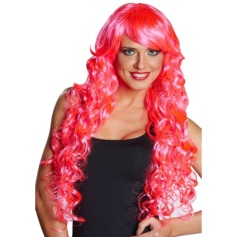 Long hair wig curls neon pink