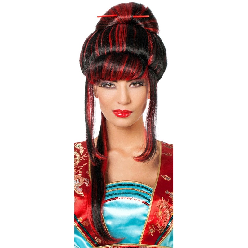 Asian lady wig with hair sticks red-black