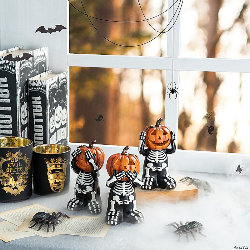 Glitzhome 5.75H Set of 3 Halloween Resin Skeleton Pumpkin Table Decor