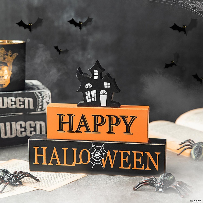 Glitzhome 9.5L Happy Halloween Wooden Haunted House Block Sign