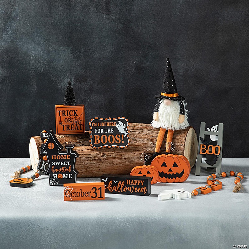 Glitzhome Set of 11 Halloween Wooden Word Signs and Fabric Gnome Tiered Tray Set Table Dcor