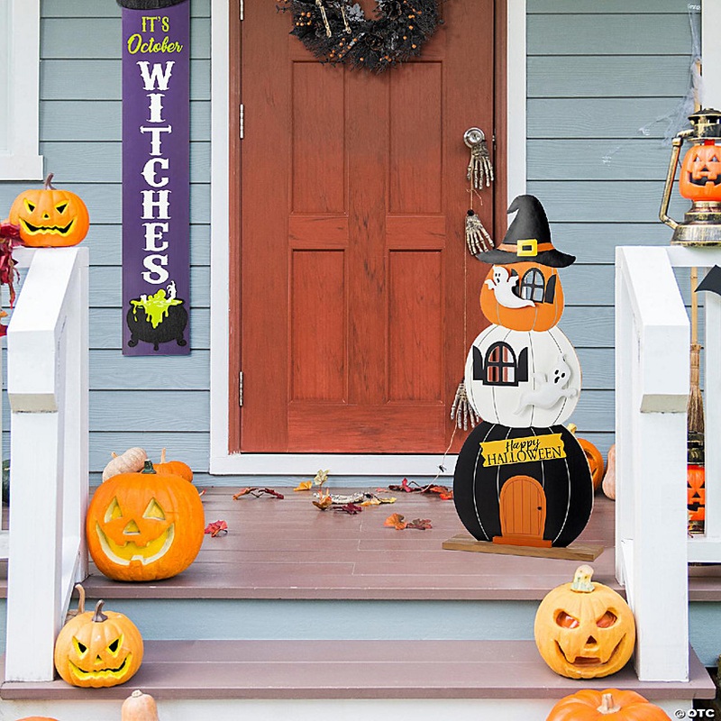 Glitzhome Set of 2 35H Halloween Wooden Pumpkin Haunted House Porch Decor