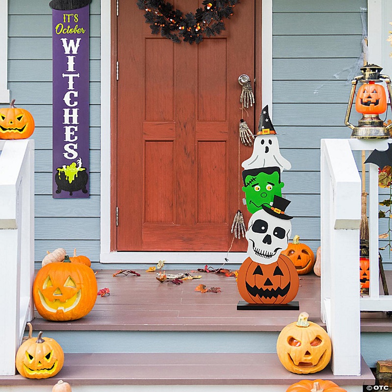 Glitzhome Set of 2 36H Halloween Wooden  Stacked Ghost & Frankenstein & Skull & Pumpkin Porch Decor(KD)