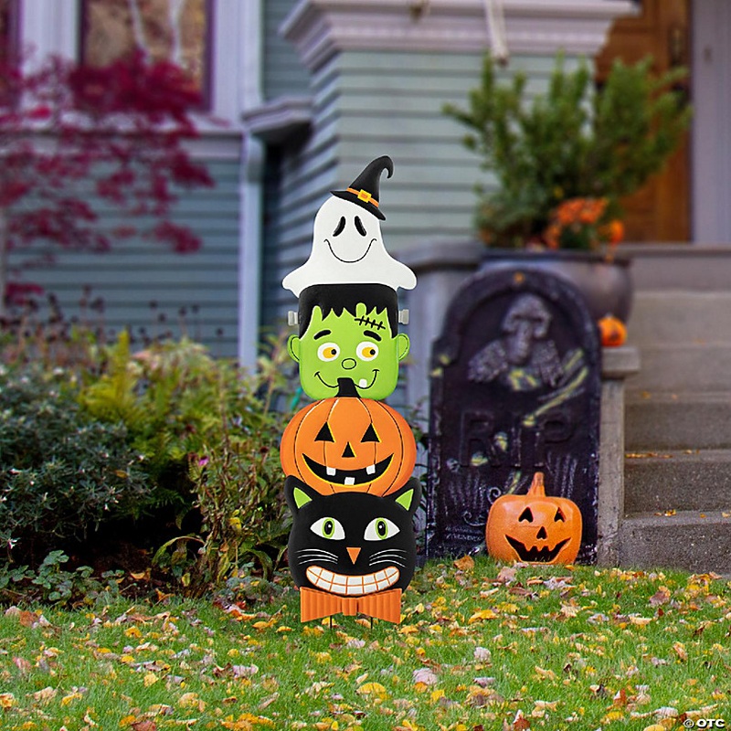 Glitzhome Set of 2 42.5H Halloween Metal Stacked Ghost, Frankenstein, Black Cat & Pumpkin Yard Stake or Hanging Decor  (KD, Two function)