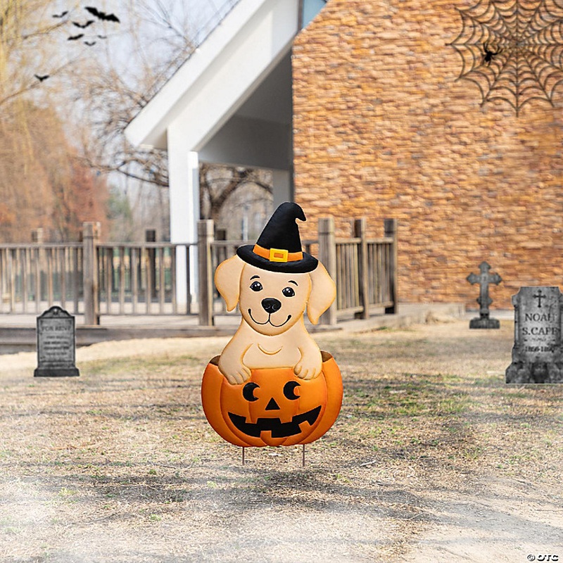 Glitzhome Set of 4 32H Halloween Metal Labrador in Pumpkin Yard Stake(KD)