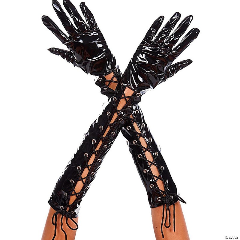 Wet Look Ribbon Lace Up Gloves, Black