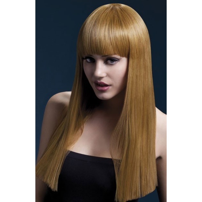 Wig straight long grader bangs golden brown