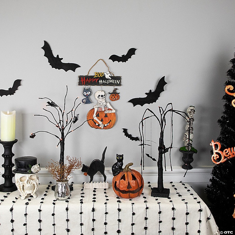 14.5 Skeleton with Jack-O-Lanterns and Black Cat Happy Halloween Hanging Decoraton