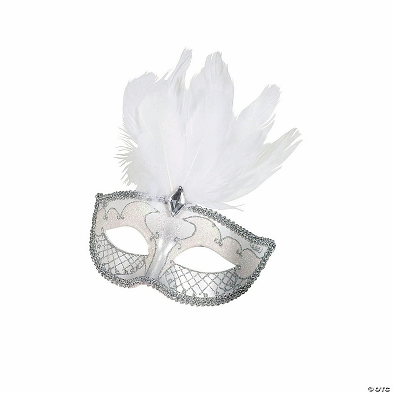 Adults White Plastic Carnival Mask with Jewel & Feathers - One Size