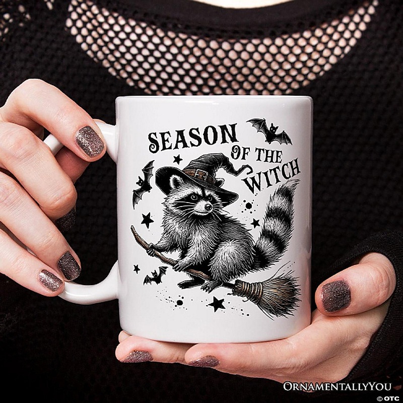 Funny Racoon Witch with Broom Mug, Vintage Halloween Gift, OrnamentallyYou
