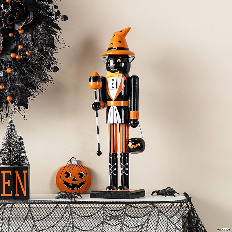 Glitzhome 18.50H Halloween Wood Black Cat Nutcracker w/Pumpkin Ornament
