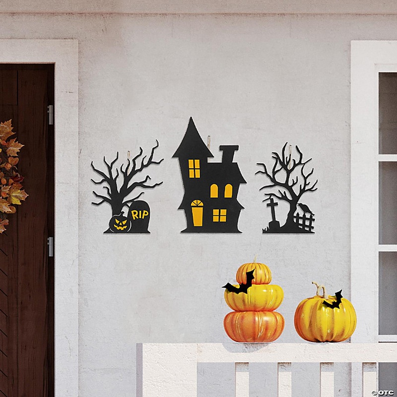Glitzhome 24H Set of 3 Halloween Metal Silhouette Haunted House and Ghost Tree Yard Stake or Hanging Decor  (KD, Two function)