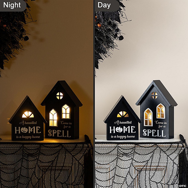 Glitzhome 8H S/2 Lighted Halloween Wooden Hauted House Table Decor