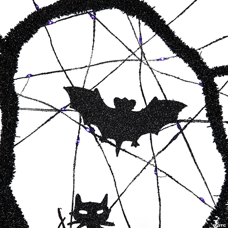 LED Lighted Black Twig Halloween Wreath with Bats  13-Inch  Purple Lights