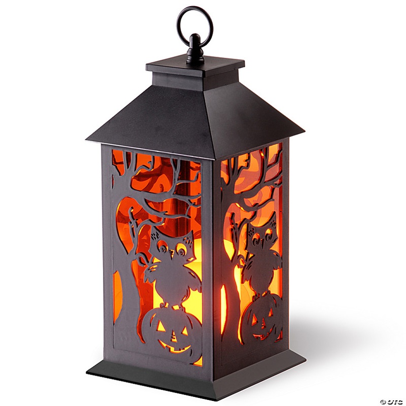 National Tree Company 12 Halloween Lantern with LED Lights, Carved Images of Owls, Pumpkins, Leafless Trees