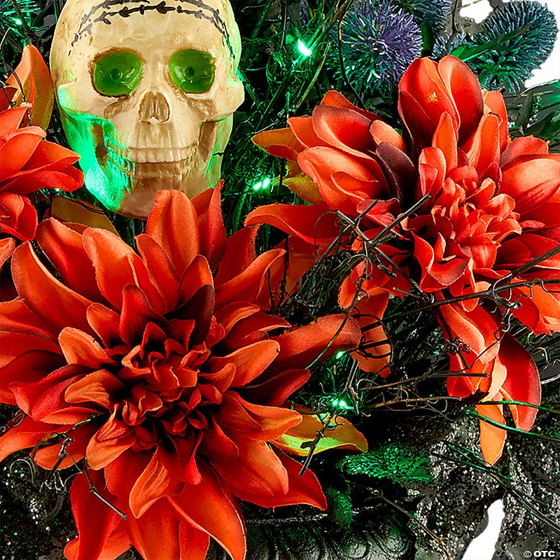 National Tree Company 20 Artificial Boo-tiful Halloween Urn with Orange Florals and White Skull, 30 Green LED Lights, Battery Operated