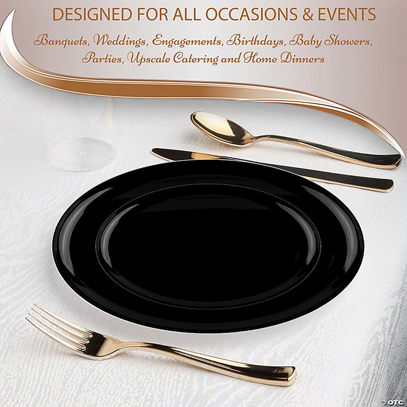 10 Black Flat Round Disposable Plastic Dinner Plates (40 Plates)