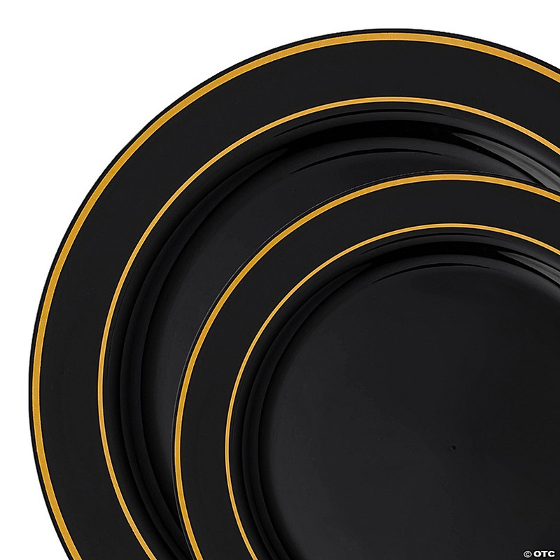 Black with Gold Edge Rim Plastic Dinnerware Value Set (40 Dinner Plates + 40 Salad Plates)