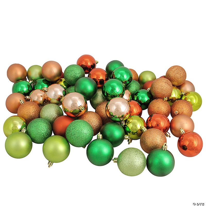 Northlight 60ct Green  Orange  Almond Shatterproof 3-Finish Christmas Ball Ornaments 2.5 (60mm)