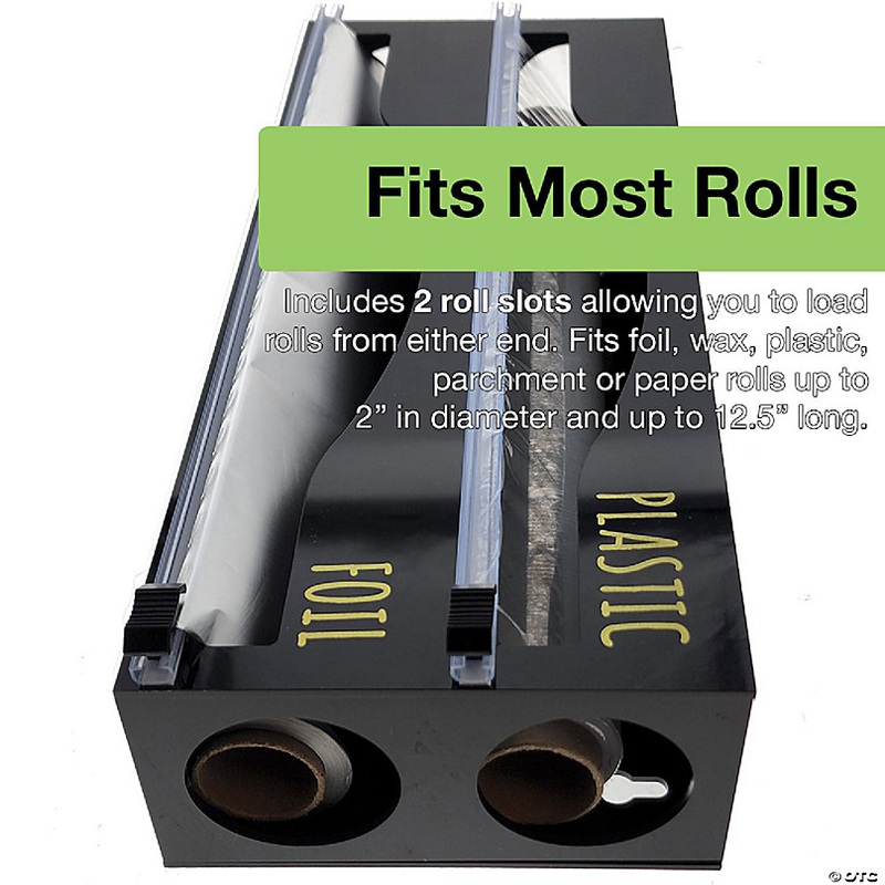 OnDisplay Luxe Acrylic 2-in-1 Plastic Wrap/Wax Paper/Aluminum Foil Dispenser for Drawer or Wall Mountable (Black 2-in-1)