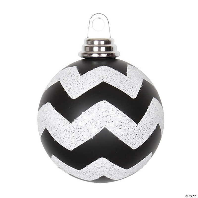 Vickerman Shatterproof 4 Black and White Glitter Chevron Ball Christmas Ornament, 4 per Box