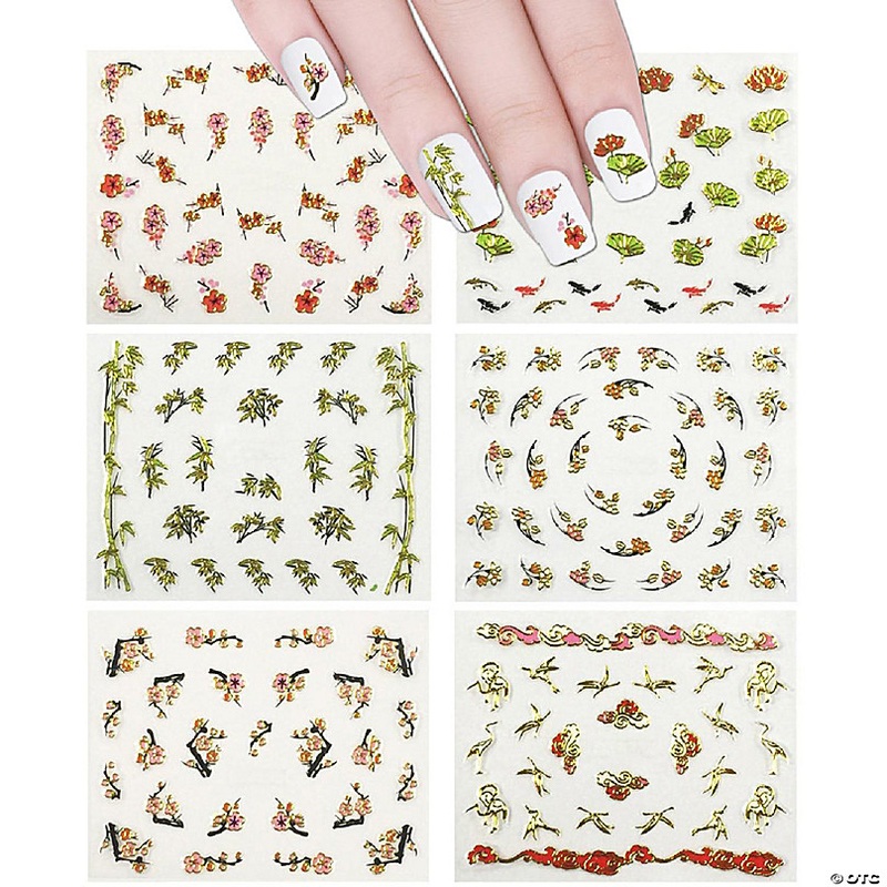 Wrapables 6 sheets Asian Inspired Nail Stickers Nail Art Cherry Blossom Nail Stickers Fish Nail Art (6 designs)