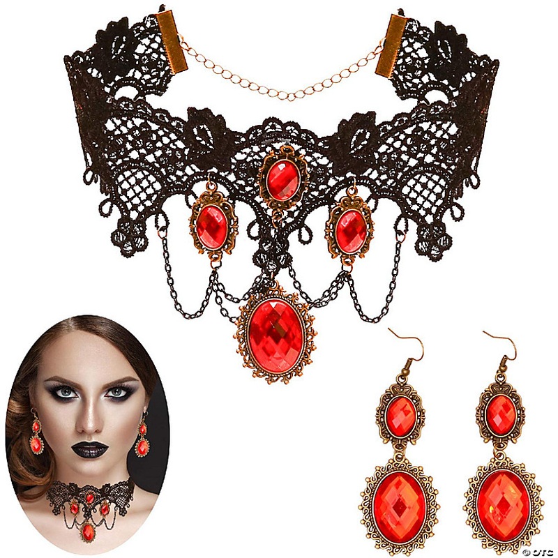 Gothic Vampire Jewelry Set - Black Lace Choker with Red Rhinestone Earrings Pirate Accessories Set for Women and Girls