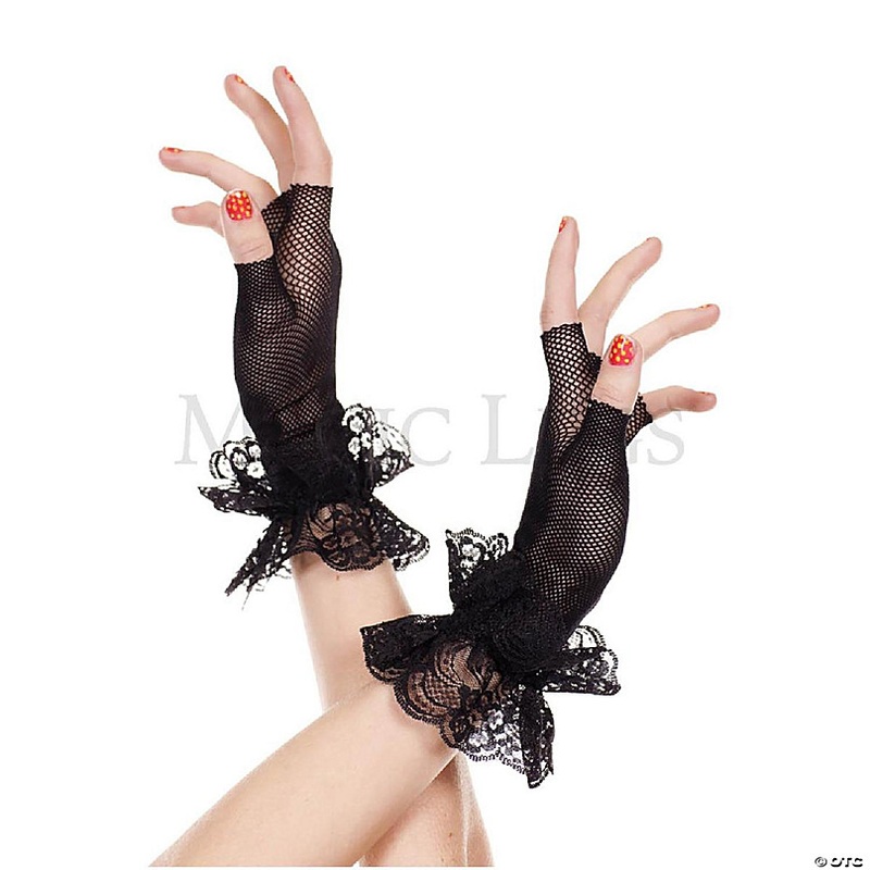 Music Legs 462-BLACK Lace Ruffle Fishnet Fingerless Gloves - Black - One Size