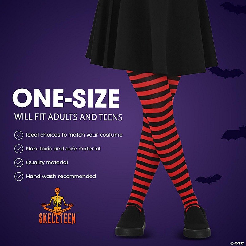 Skeleteen Black and Red Tights - Striped Nylon Stretch Stocking Accessories for Every Day Attire and Costumes for Men, Women and Teens