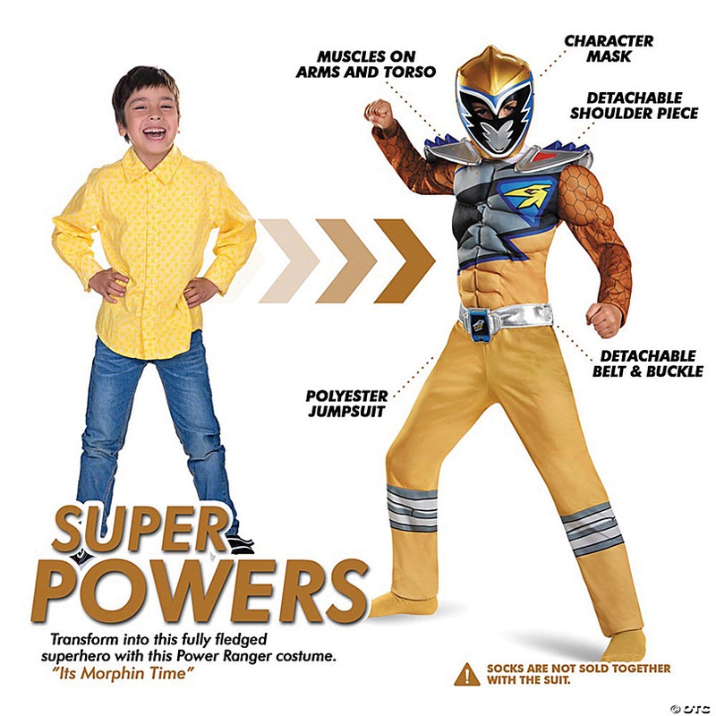 Boy's Classic Muscle Chest Mighty Morphin Power Rangers Gold Ranger Dino Costume - Medium