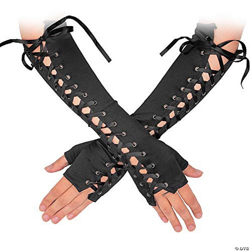 Fingerless Lace Up Gloves - Long Black Costume Elbow Arm Warmer Accessories with Black Satin Laced Tie for Dress Up