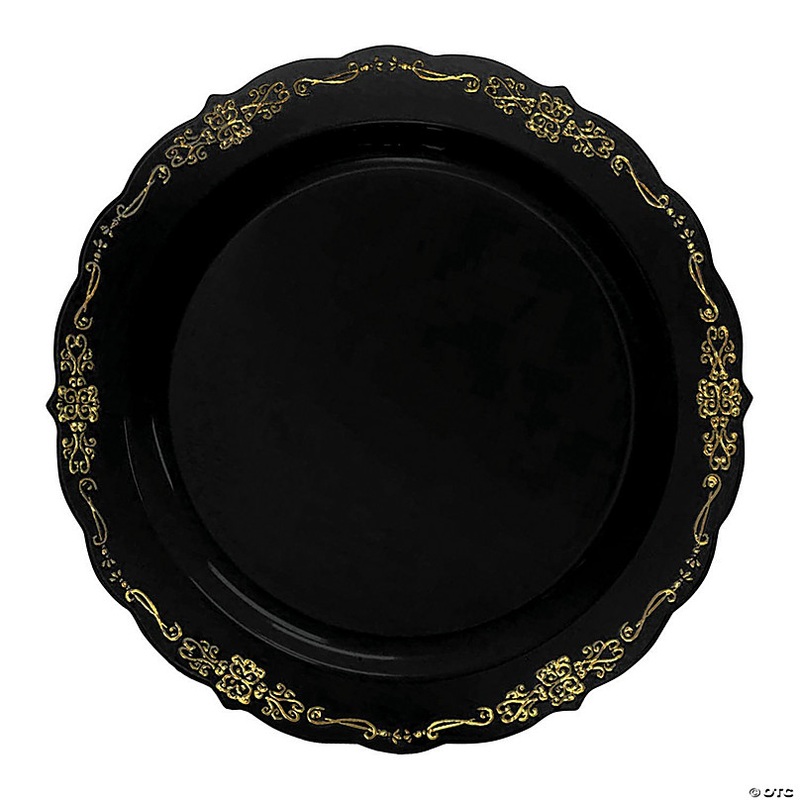 10 Black with Gold Vintage Rim Round Disposable Plastic Dinner Plates (50 Plates)