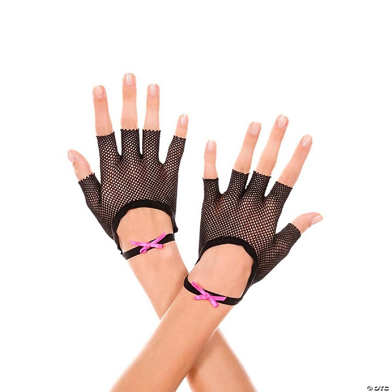 Music Legs 477-BLACK-PINK Fishnet Fingerless Gloves with Satin Bow Wrist Band - Black & Pink